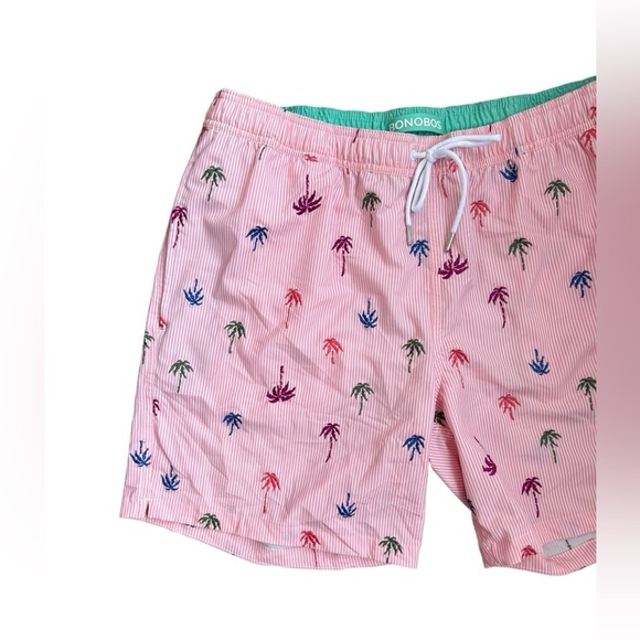 Bonobos Riviera Recycled Swim Trunks Pink Stripes Palm Trees  7” Inseam Size L - Picture 4 of 10